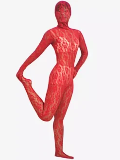 Red Transparent Lace Velvet Zentai Suit