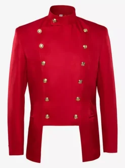 Red Vintage Elegant Buttons Long Sleeves Polyester Overcoat Retro Costumes For Man Burgundy