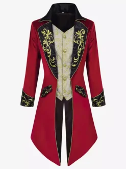 Red Vintage Top Retro Embroidered Buttons Long Sleeve Overcoat For Man Burgundy