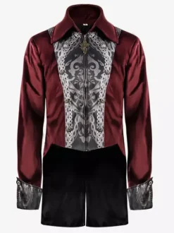 Red Vintage Top Retro Floral Print Long Sleeves Polyester Polyester Fiber Shirt Retro Costumes For Man Burgundy