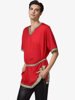 Red Vintage Top Retro Short Sleeves Shirt Retro Costumes For Man Burgundy