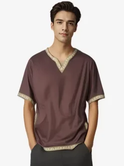 Red Vintage Top Retro Short Sleeves Shirt Retro Costumes For Man Burgundy