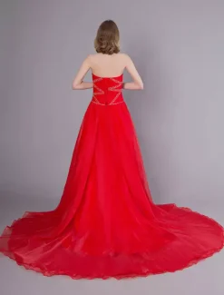 Red Wedding Dresses Strapless Organza Beaded Sweetheart Formal Gowns