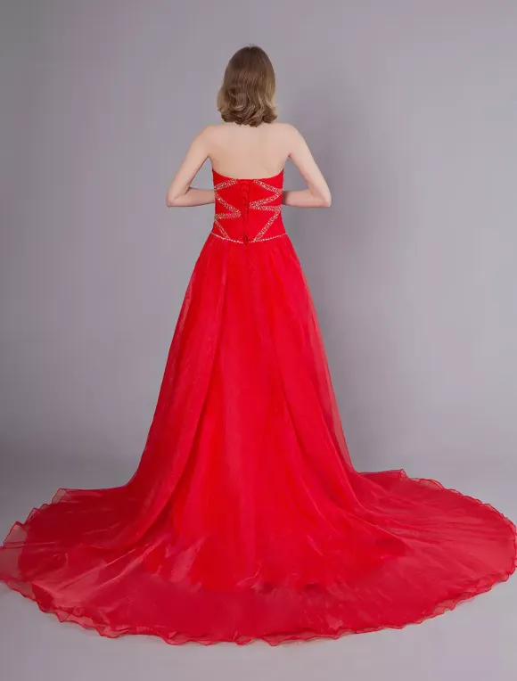 Red Wedding Dresses Strapless Organza Beaded Sweetheart Formal Gowns