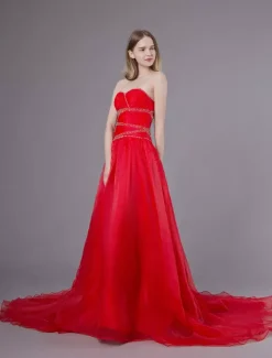 Red Wedding Dresses Strapless Organza Beaded Sweetheart Formal Gowns