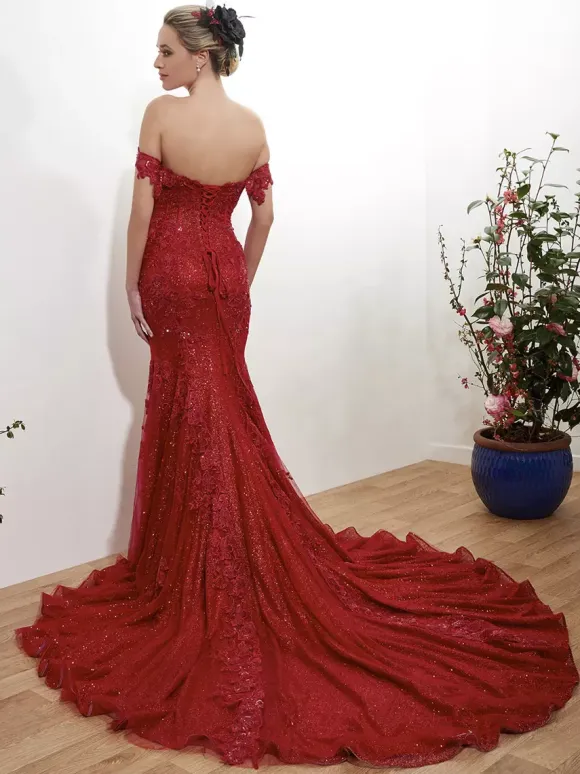 Red Wedding Dresses Tulle Bridal Gown Applique Evening Party Dresses Free Customization