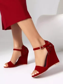 Red Wedge Sandals Suede Open Toe Cut Out Sandal Shoes
