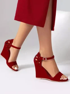 Red Wedge Sandals Suede Open Toe Cut Out Sandal Shoes