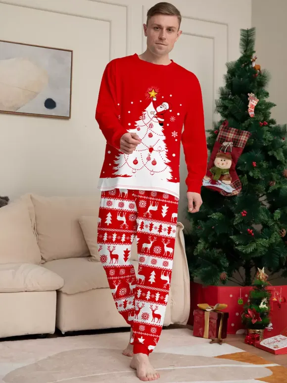 Red White Christmas Tree Reindeer Print Family Pajamas Holiday 2026