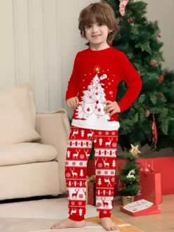 Red White Christmas Tree Reindeer Print Family Pajamas Holiday 2026