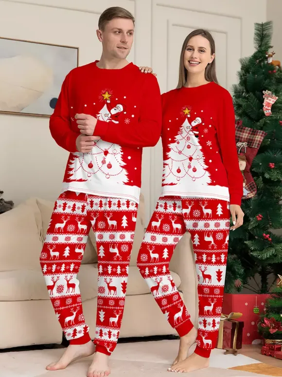 Red White Christmas Tree Reindeer Print Family Pajamas Holiday 2026