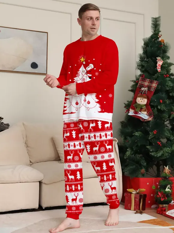Red White Christmas Tree Reindeer Print Family Pajamas Holiday 2026