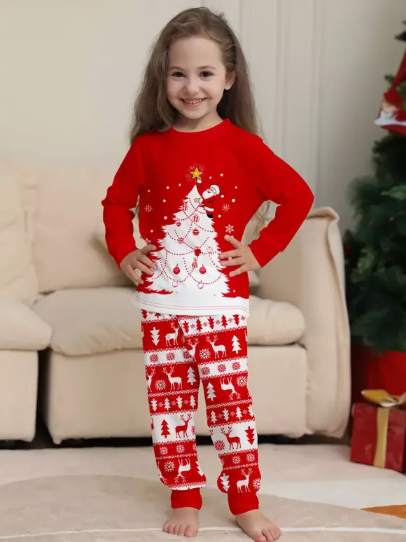 Red White Christmas Tree Reindeer Print Family Pajamas Holiday 2026