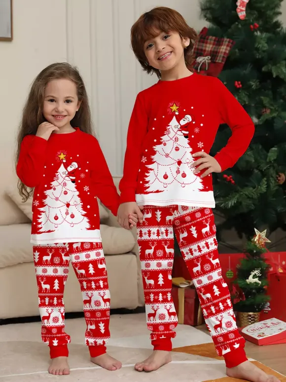 Red White Christmas Tree Reindeer Print Family Pajamas Holiday 2026