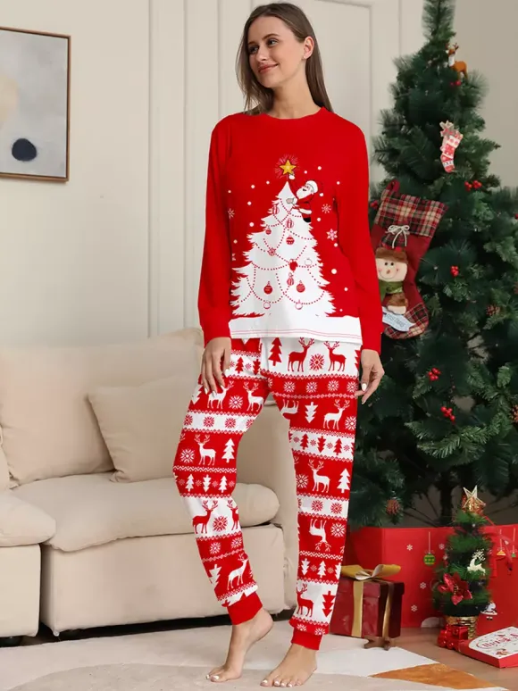 Red White Christmas Tree Reindeer Print Family Pajamas Holiday 2026