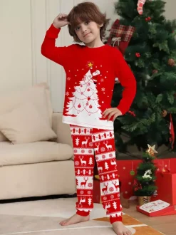 Red White Christmas Tree Reindeer Print Family Pajamas Holiday 2026