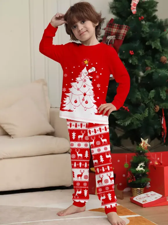 Red White Christmas Tree Reindeer Print Family Pajamas Holiday 2026