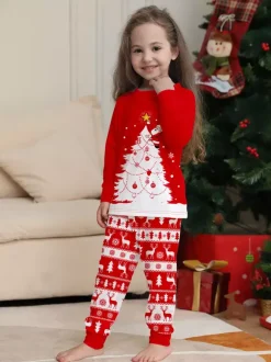 Red White Christmas Tree Reindeer Print Family Pajamas Holiday 2026