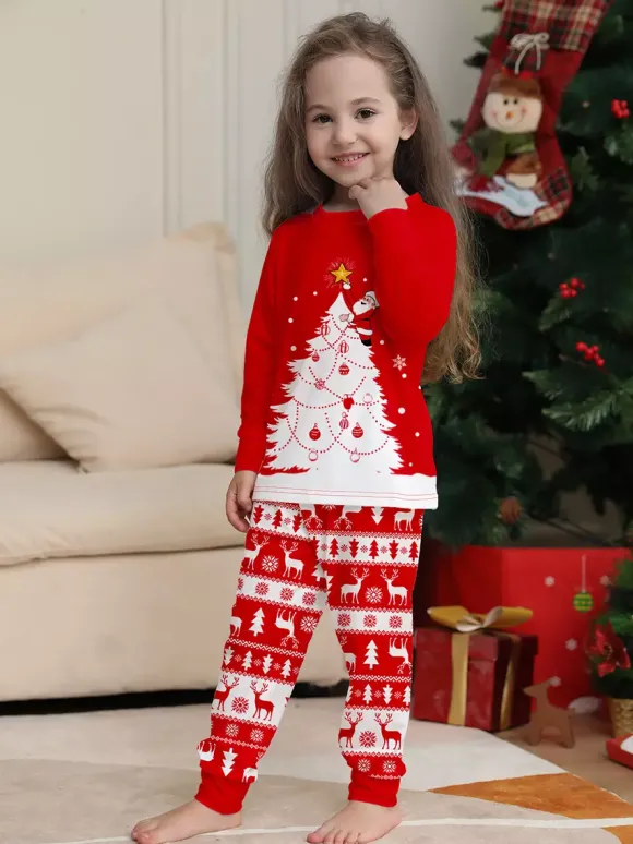 Red White Christmas Tree Reindeer Print Family Pajamas Holiday 2026