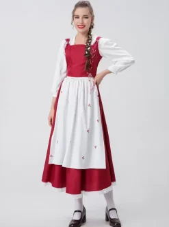 Red Women's Elegant Top Apron Polyester Set Holidays Costumes Burgundy