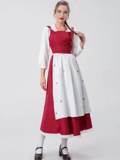 Red Women's Elegant Top Apron Polyester Set Holidays Costumes Burgundy