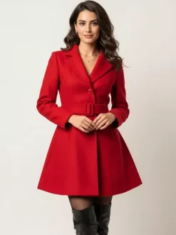 Red Wool-Blend Flare Coat With Belt For Women 2026