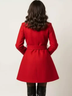 Red Wool-Blend Flare Coat With Belt For Women 2026