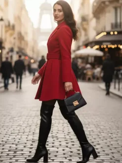 Red Wool-Blend Flare Coat With Belt For Women 2026