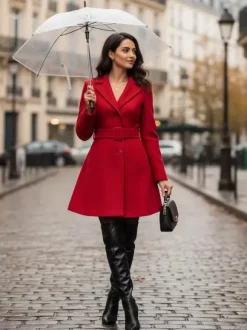Red Wool-Blend Flare Coat With Belt For Women 2026