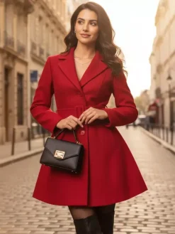 Red Wool-Blend Flare Coat With Belt For Women 2026
