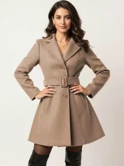 Red Wool-Blend Flare Coat With Belt For Women 2026