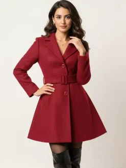 Red Wool-Blend Flare Coat With Belt For Women 2026