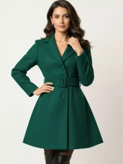 Red Wool-Blend Flare Coat With Belt For Women 2026