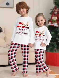 Reindeer And Santa Print Plaid Matching Family Christmas Pajamas 2026