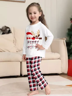 Reindeer And Santa Print Plaid Matching Family Christmas Pajamas 2026
