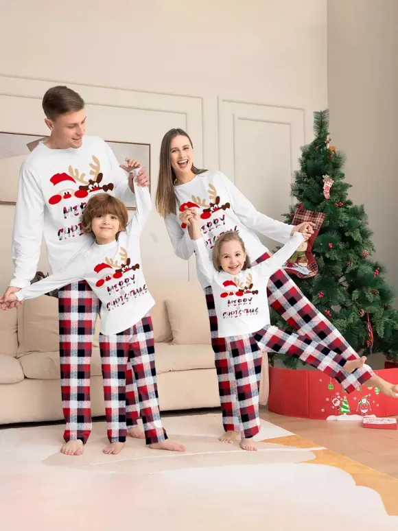 Reindeer And Santa Print Plaid Matching Family Christmas Pajamas 2026