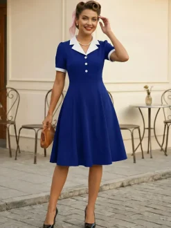 Retro Contrast Lapel Button Up Fit And Flare Midi Dress For Women 2026