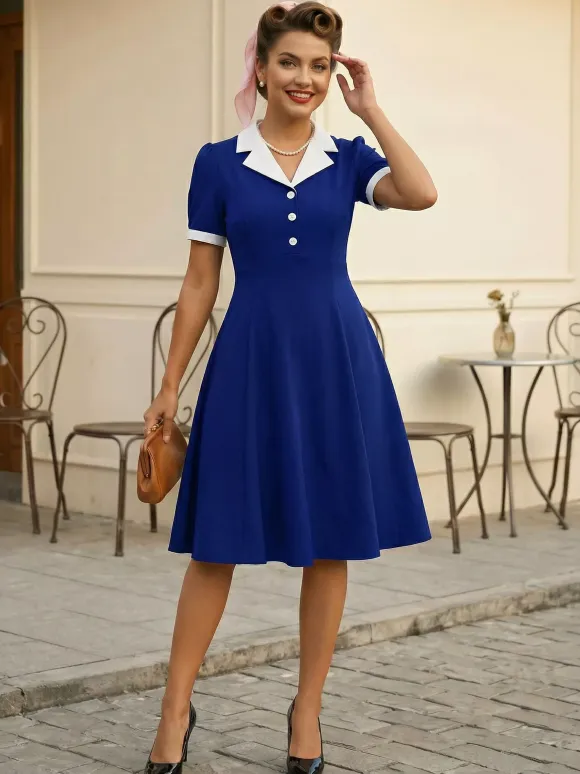 Retro Contrast Lapel Button Up Fit And Flare Midi Dress For Women 2026