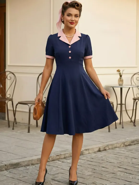 Retro Contrast Lapel Button Up Fit And Flare Midi Dress For Women 2026