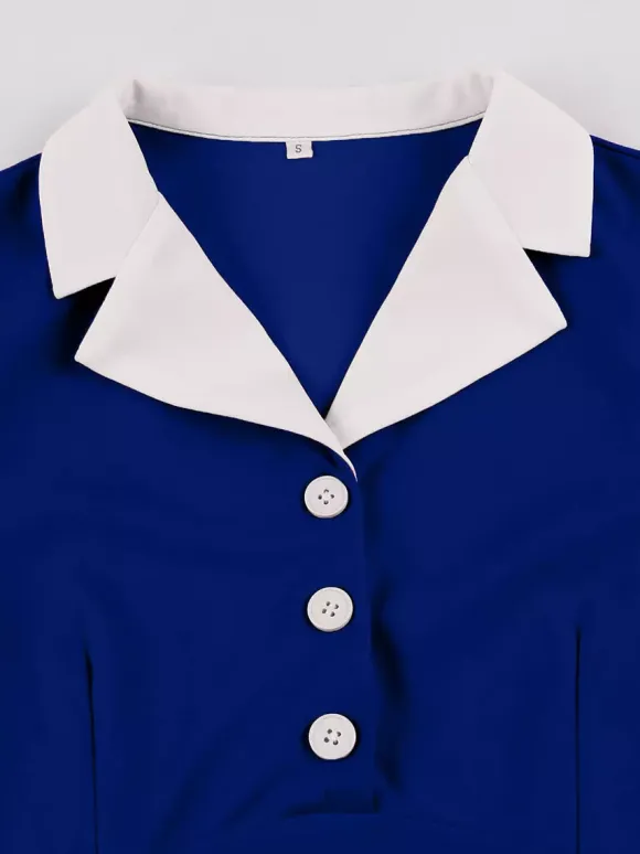 Retro Contrast Lapel Button Up Fit And Flare Midi Dress For Women 2026