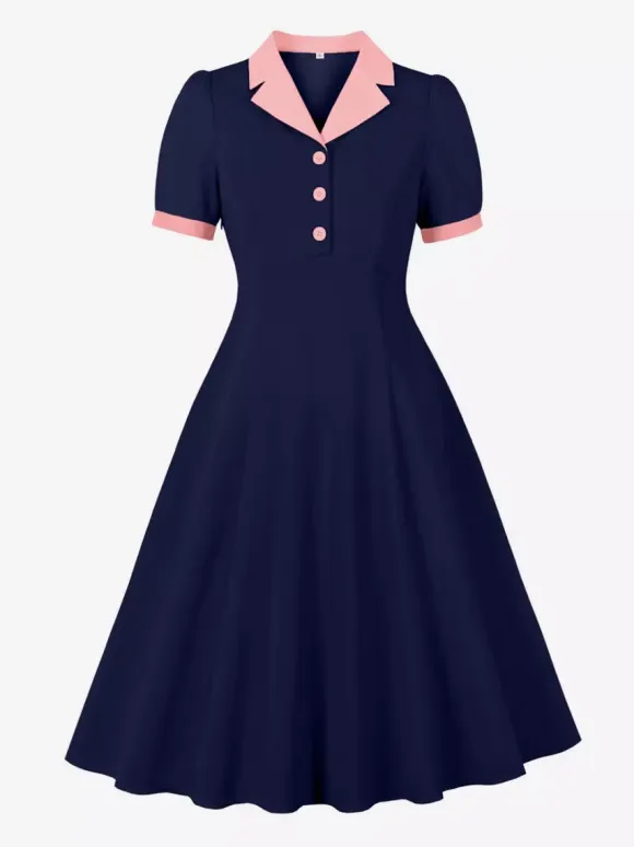 Retro Contrast Lapel Button Up Fit And Flare Midi Dress For Women 2026