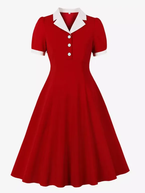 Retro Contrast Lapel Button Up Fit And Flare Midi Dress For Women 2026