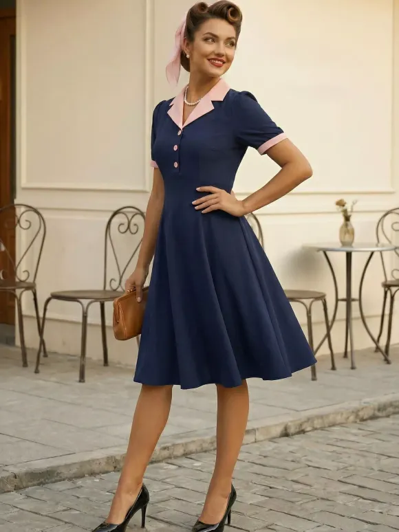 Retro Contrast Lapel Button Up Fit And Flare Midi Dress For Women 2026