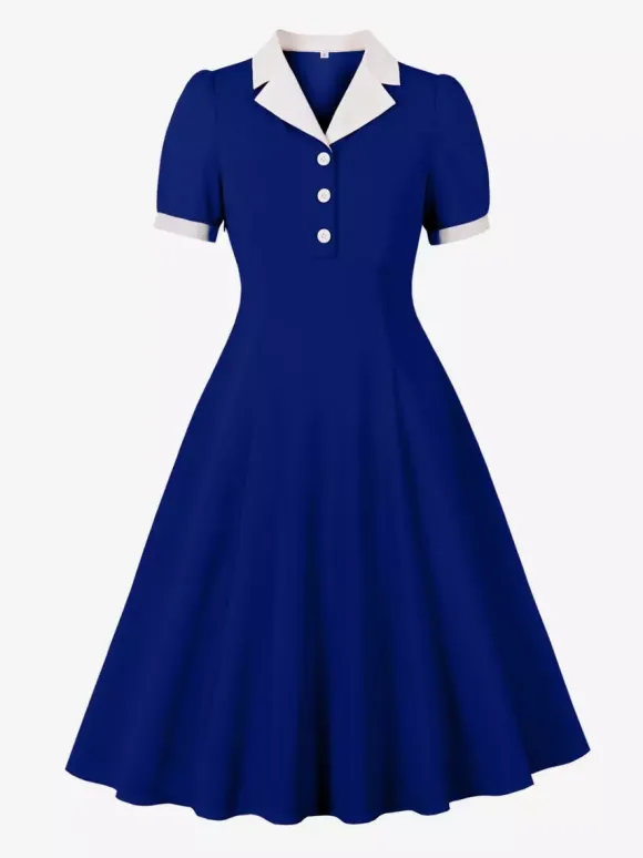 Retro Contrast Lapel Button Up Fit And Flare Midi Dress For Women 2026