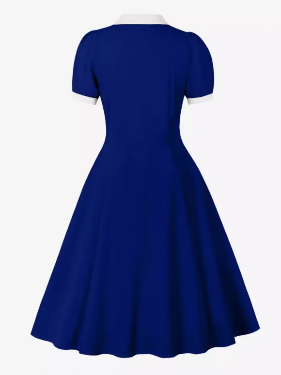 Retro Contrast Lapel Button Up Fit And Flare Midi Dress For Women 2026