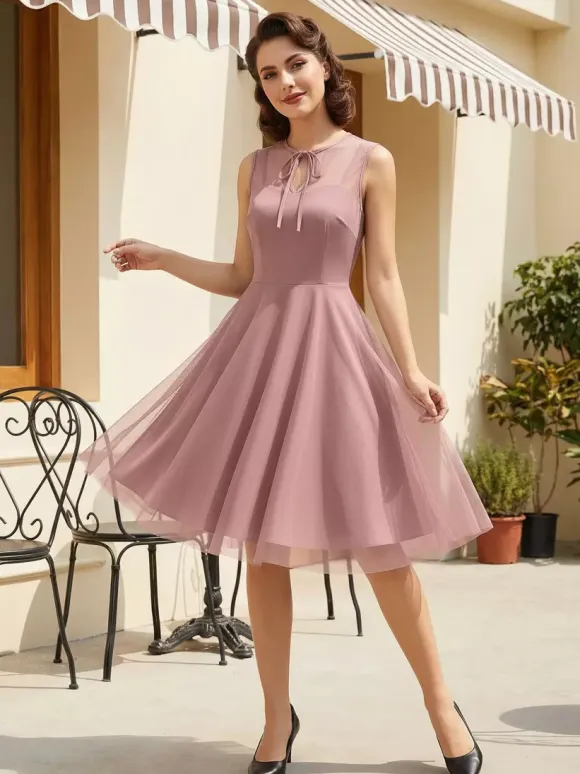 Retro Dress Burgundy Sheer 1950s Style Bows Sleeveless Jewel Neck Medium Rockabilly Dress
