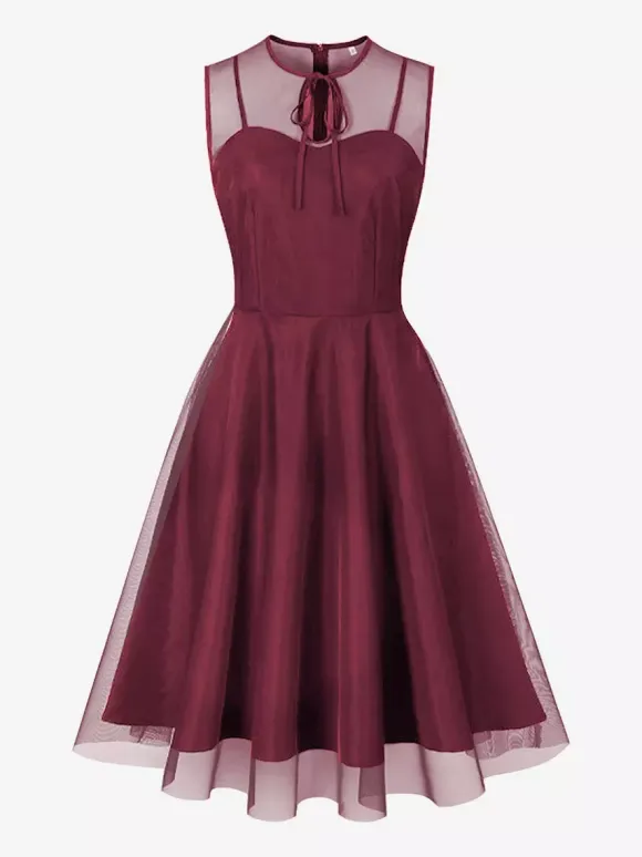 Retro Dress Burgundy Sheer 1950s Style Bows Sleeveless Jewel Neck Medium Rockabilly Dress