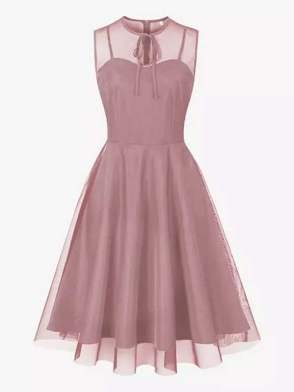 Retro Dress Burgundy Sheer 1950s Style Bows Sleeveless Jewel Neck Medium Rockabilly Dress