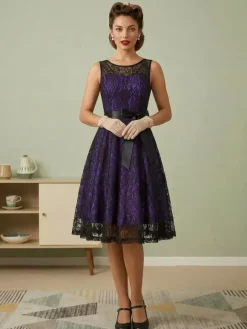 Retro Dress Green 1950s Style Two-Tone Sash Sleeveless V-Neck Medium Rockabilly Dress