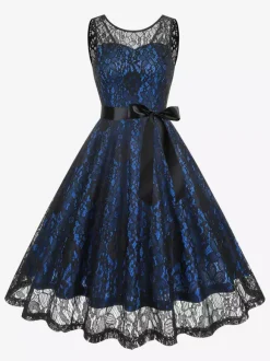 Retro Dress Green 1950s Style Two-Tone Sash Sleeveless V-Neck Medium Rockabilly Dress